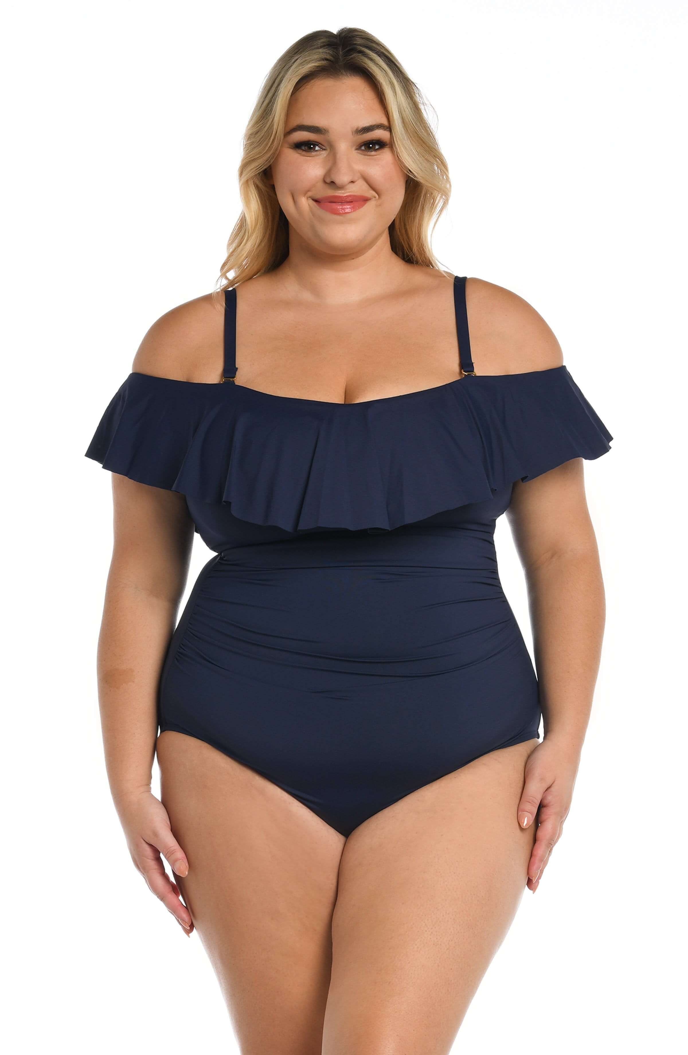 Island Goddess Off Shoulder Ruffle One Piece - Indigo - Image 5
