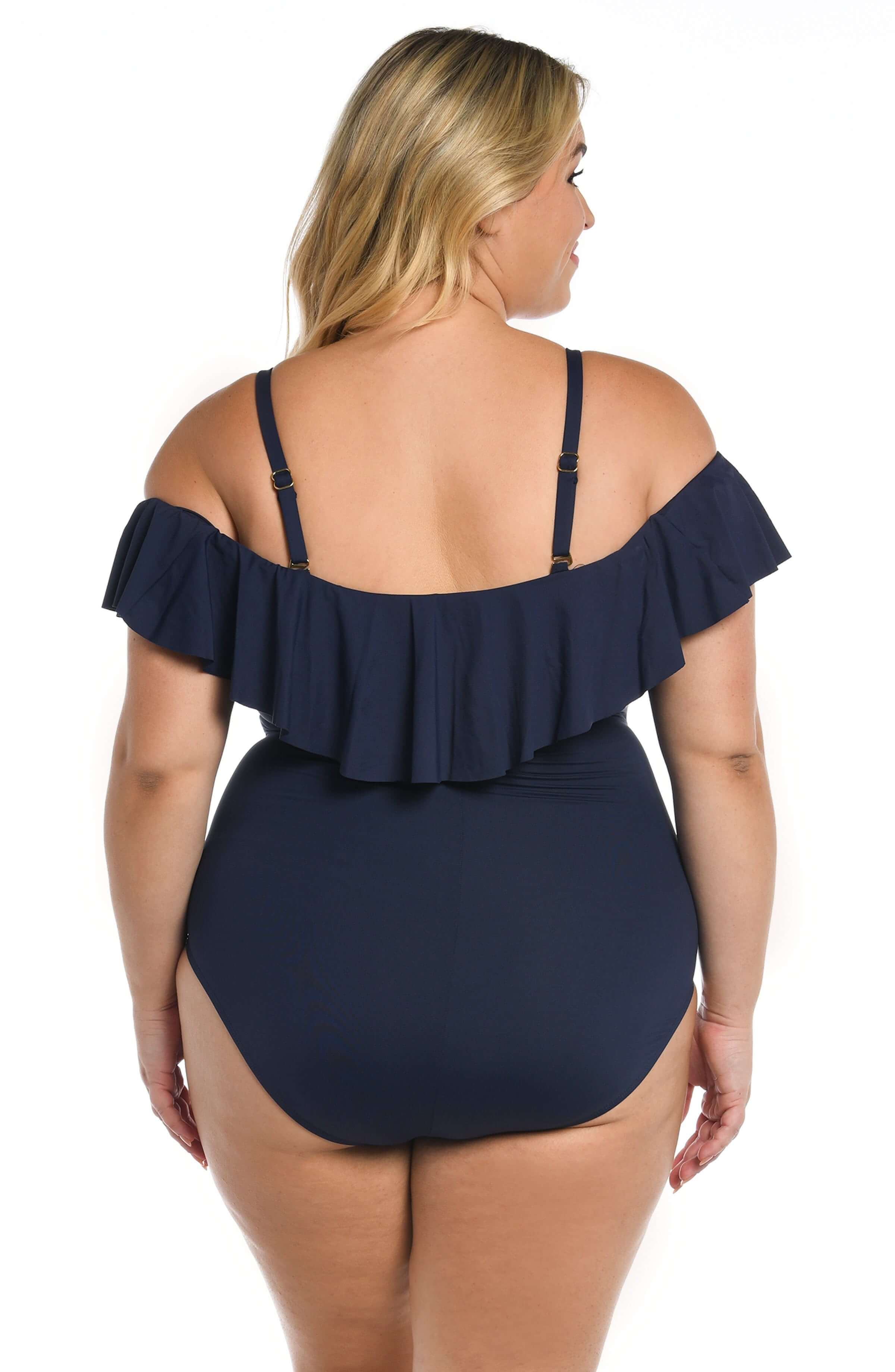 Island Goddess Off Shoulder Ruffle One Piece - Indigo - Image 6