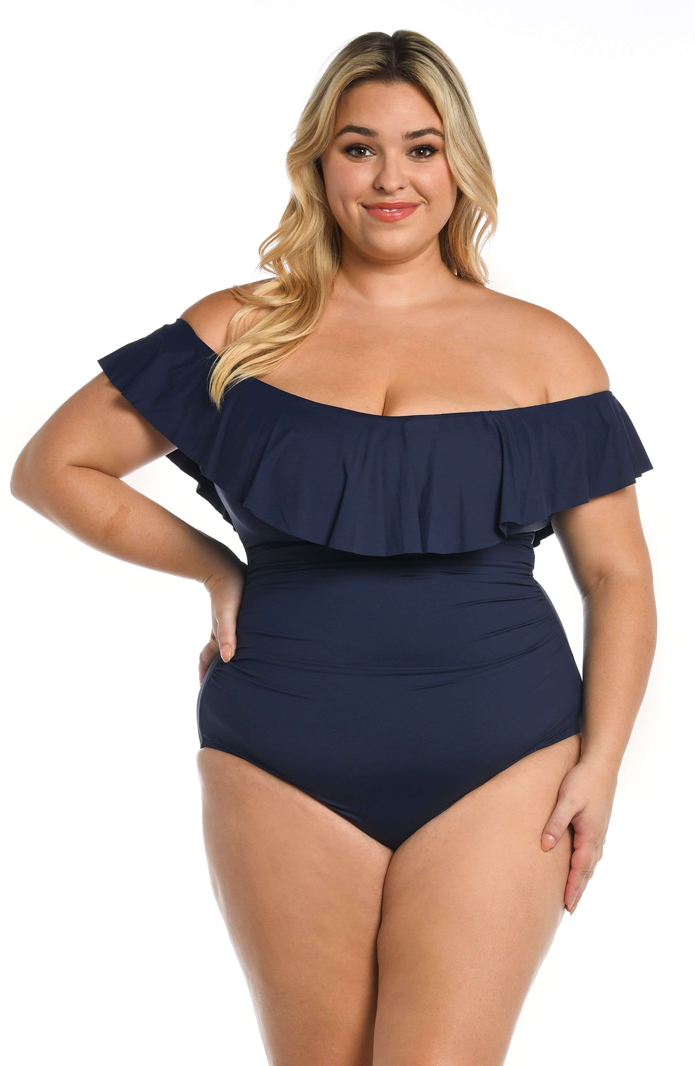 Island Goddess Off Shoulder Ruffle One Piece - Indigo - Image 7